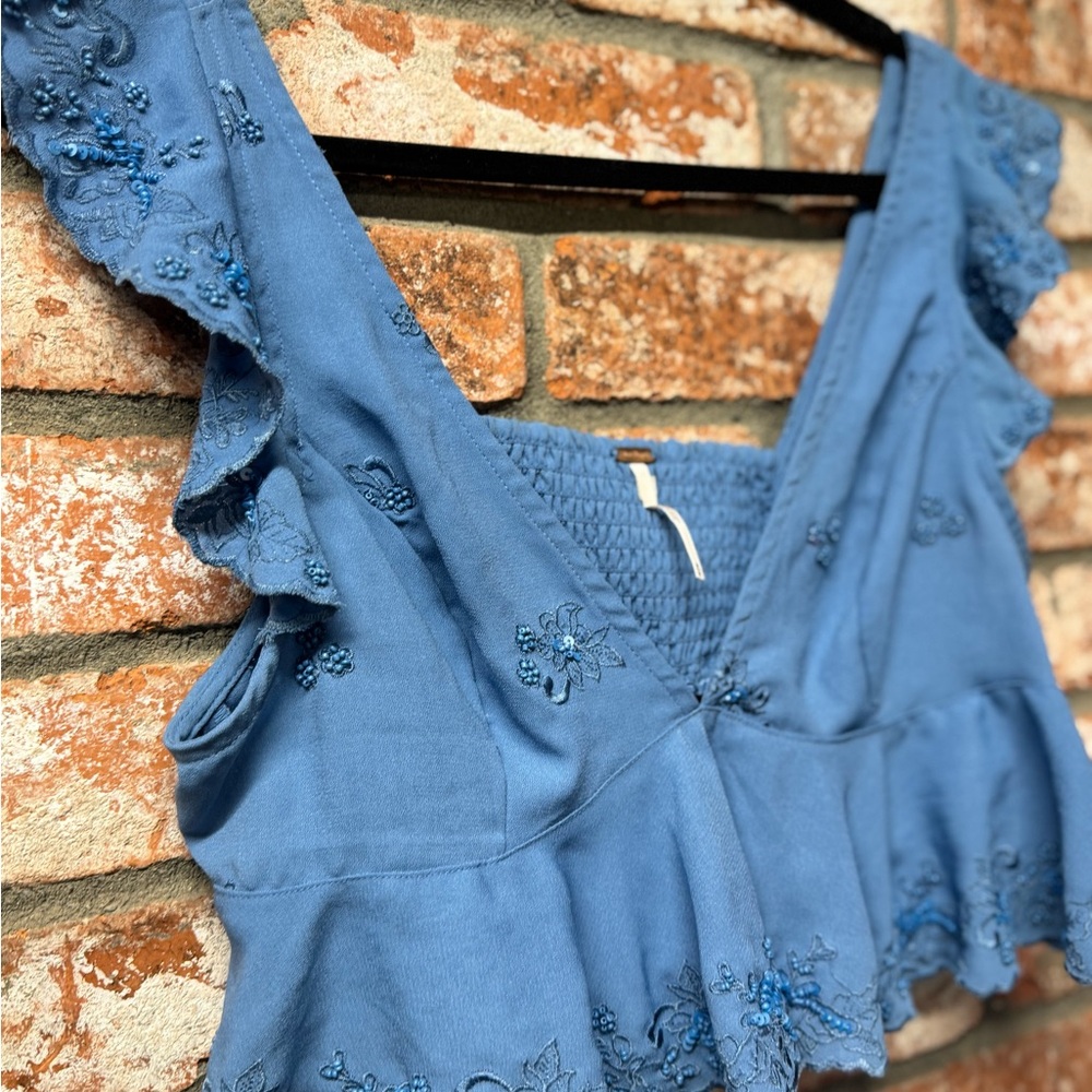 Free People Dusty Blue Embroidered V-Neck Camisole